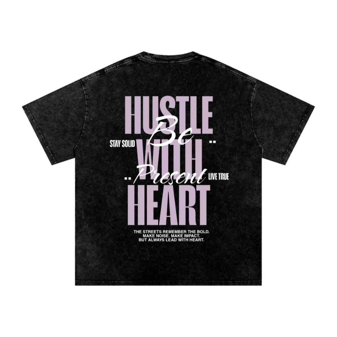 HUSTLE WITH HEART - Black Acid Wash T-shirt